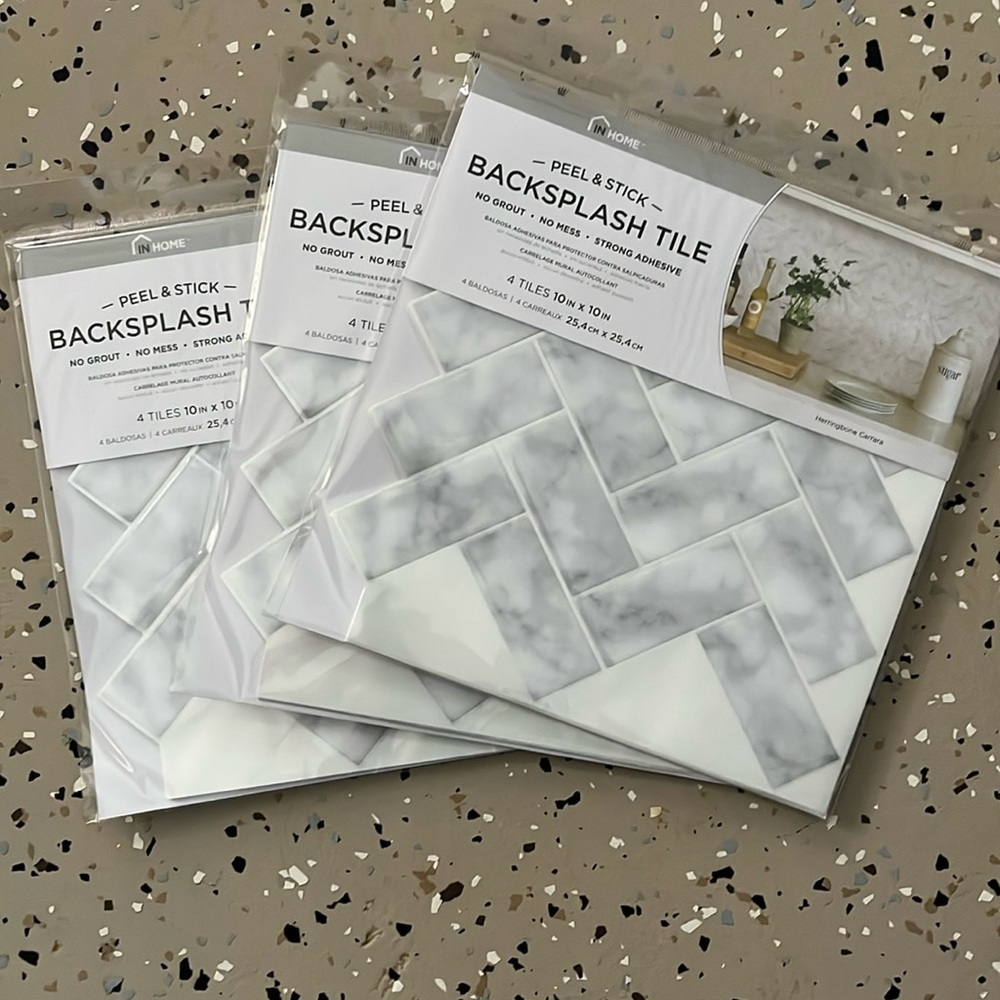 3pks of peel & stick backsplash tile. 4 tiles each. 10inx10in. New in packages.